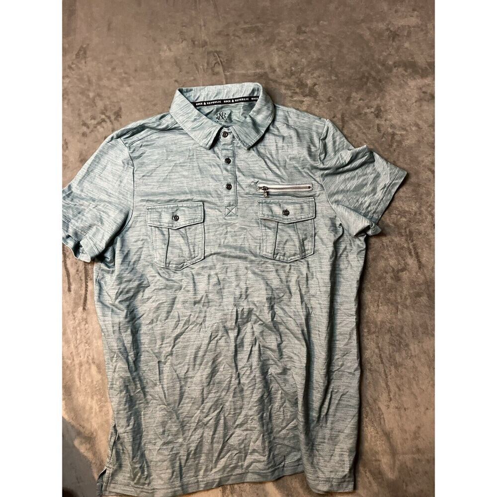 Rock‎ & Republic Polo Shirt Mens Size XL Short Sleeve Zipper Pocket Gray/Black